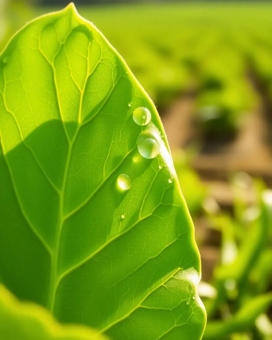 Hoja saludable con gotas de rocío, representando la vitalidad de los cultivos tratados con bioinsumos