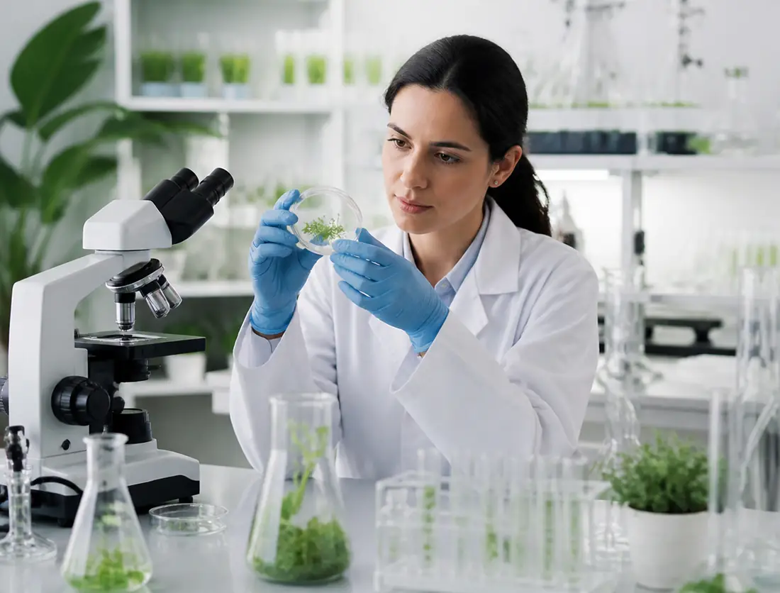 Investigadora en laboratorio de biotecnología agrícola