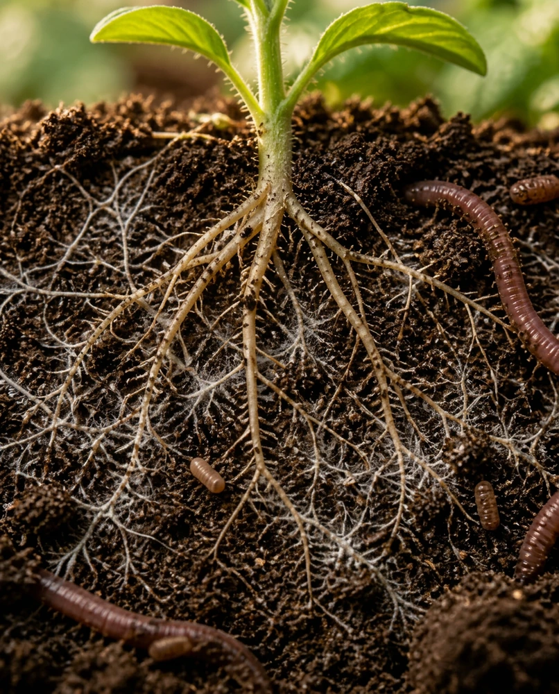 Raíces de una planta joven en suelo con materia orgánica y lombrices